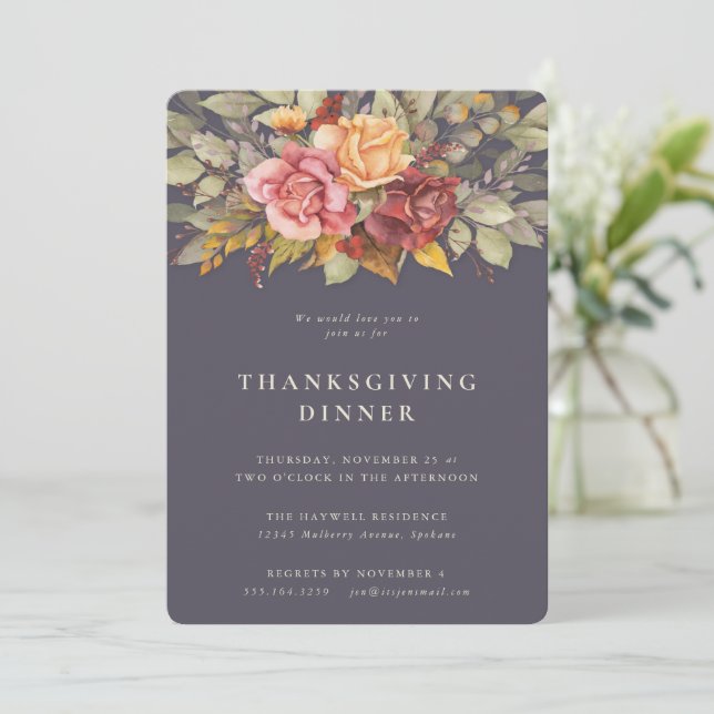Elegant Autumnal Floral Border Thanksgiving Dinner Invitation (Standing Front)