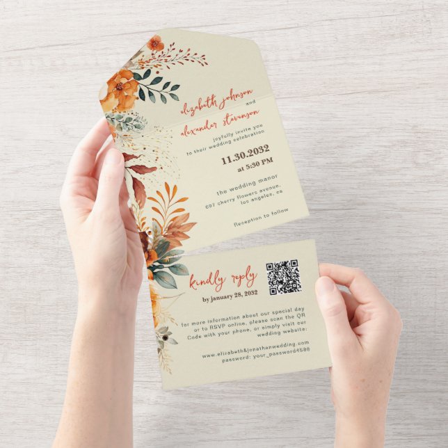 Elegant Autumnal Floral wedding QR Code All In One Invitation (Tearaway)