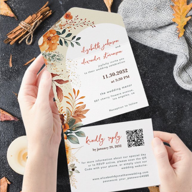 Elegant Autumnal Floral wedding QR Code All In One Invitation (Creator Uploaded)