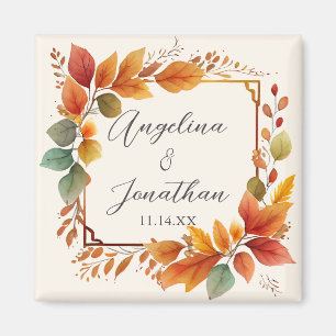 Elegant Autumnal Leaves Watercolor Cream Wedding Magnet