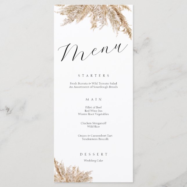 Elegant Autumnal Pampas Grass Floral Wedding Menu (Front)