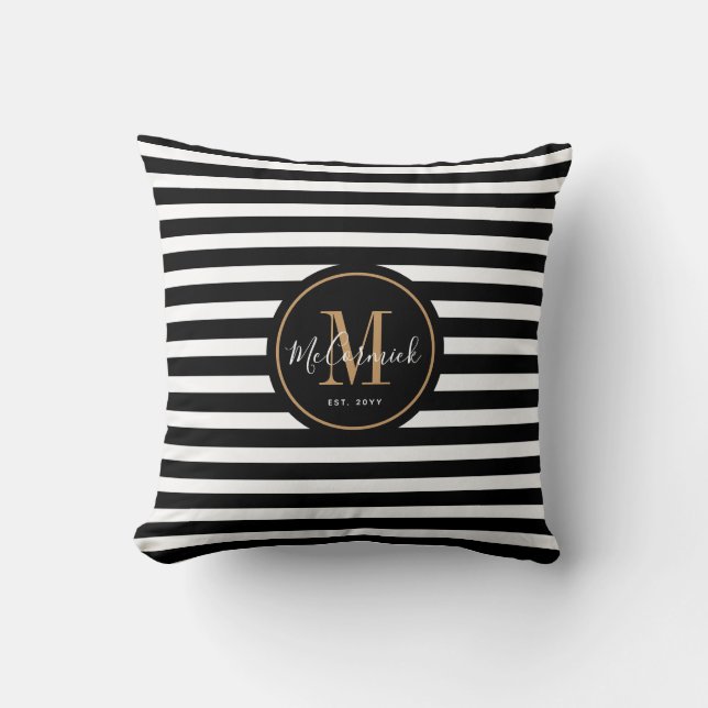 Elegant Awning Stripes Black White Name Monogram Throw Pillow (Front)