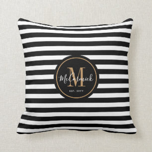 Elegant Awning Stripes Black White Name Monogram Throw Pillow