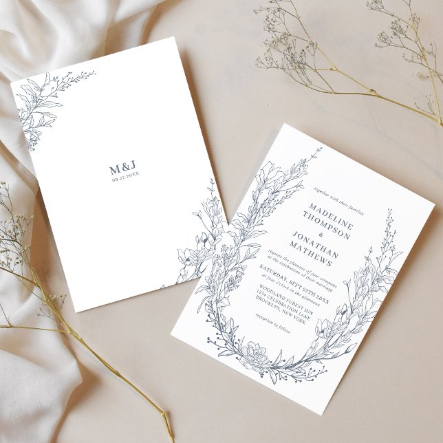 Elegant Azure Ivory Floral Wreath Monogram Wedding Invitation (Creator Uploaded)