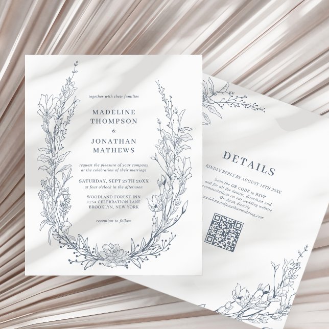 Elegant Azure Ivory Floral Wreath QR Code Wedding (Creator Uploaded)