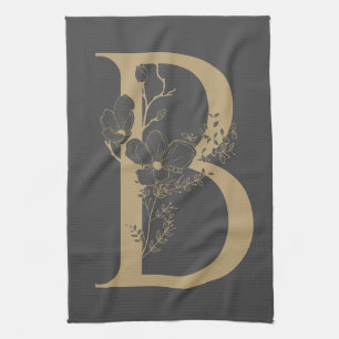 Elegant B Boho Floral Monogram Initial Grey Gold Kitchen Towel