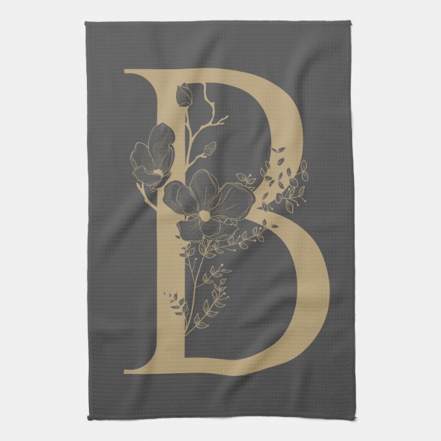 Elegant B Boho Floral Monogram Initial Grey Gold Kitchen Towel (Vertical)