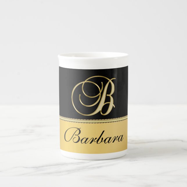 Elegant "B" Monogram Personalized Name Black Gold Bone China Mug (Front)