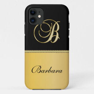Elegant "B" Monogram Personalized Name Black Gold  iPhone 11 Case