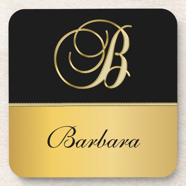 Elegant "B" Monogram Personalized Name Black Gold  Coaster (Front)