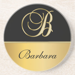 Elegant "B" Monogram Personalized Name Black Gold  Coaster