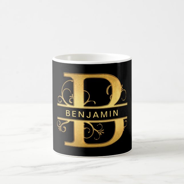 Elegant "B" Monogram Personalized Name Black Gold Coffee Mug (Center)