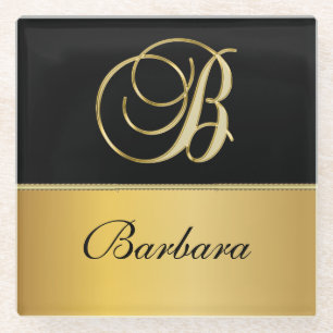 Elegant "B" Monogram Personalized Name Black Gold  Glass Coaster