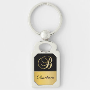 Elegant "B" Monogram Personalized Name Black Gold Keychain