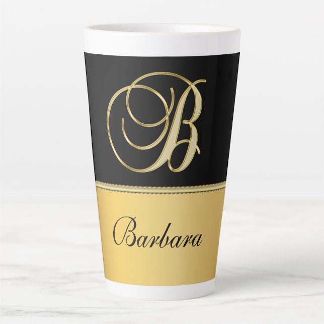 Elegant "B" Monogram Personalized Name Black Gold Latte Mug (Front)