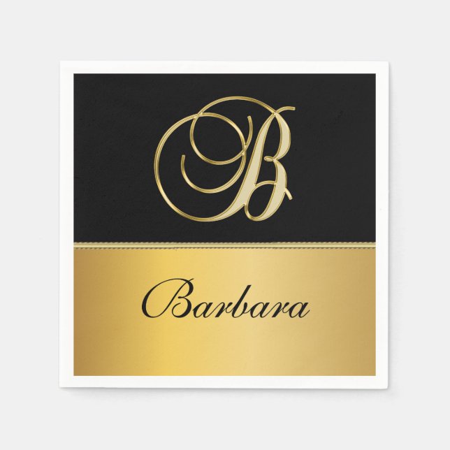 Elegant "B" Monogram Personalized Name Black Gold  Napkin (Front)