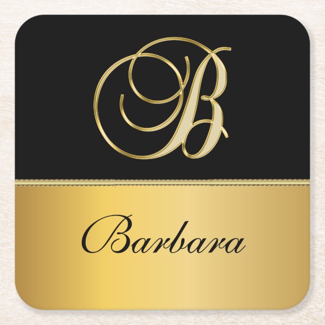 Elegant "B" Monogram Personalized Name Black Gold  Square Paper Coaster (Front)