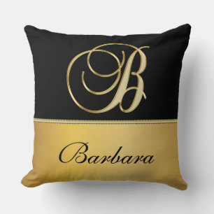 Elegant "B" Monogram Personalized Name Black Gold Throw Pillow