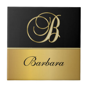 Elegant "B" Monogram Personalized Name Black Gold  Tile