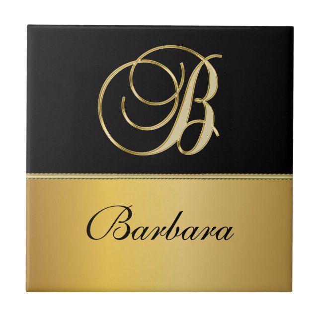 Elegant "B" Monogram Personalized Name Black Gold  Tile (Front)