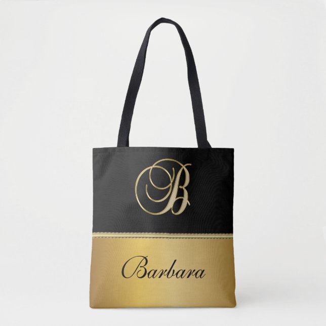 Elegant "B" Monogram Personalized Name Black Gold Tote Bag (Front)