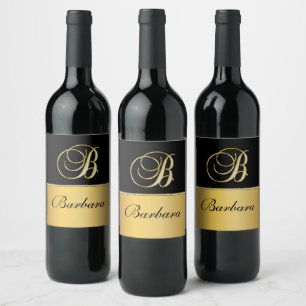 Elegant "B" Monogram Personalized Name Black Gold  Wine Label