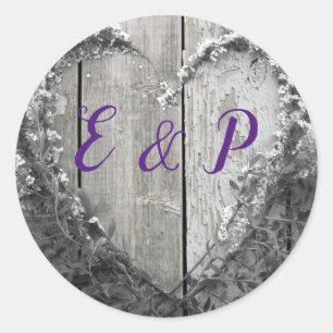 Elegant B&W flower heart rustic barn wood wedding Classic Round Sticker