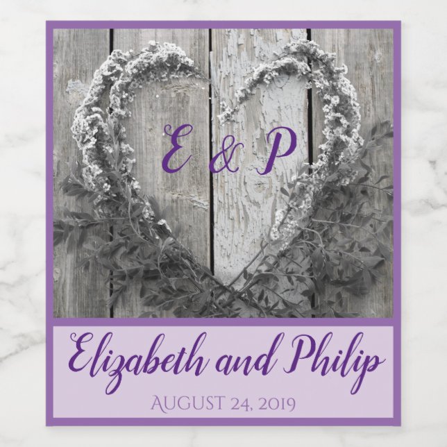 Elegant B&W flower heart rustic barn wood wedding Wine Label (Single Label)
