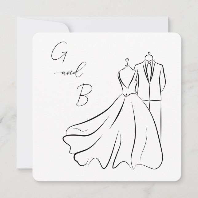 Elegant B&W Wedding Tux & Dress Square Wedding Invitation (Front)