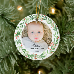 Elegant Baby 1st Christmas Photo Ceramic Ornament