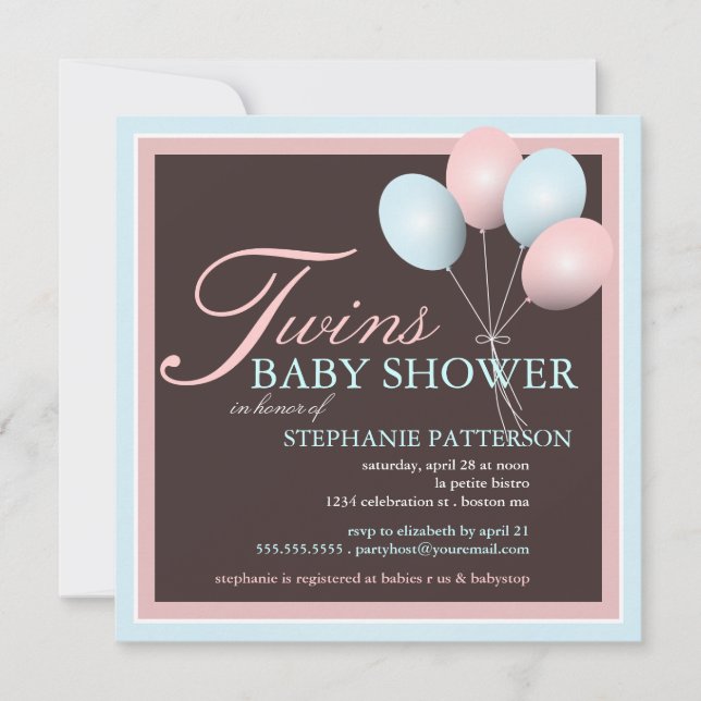 Elegant Baby Balloon Twins Baby Shower Invitation (Front)