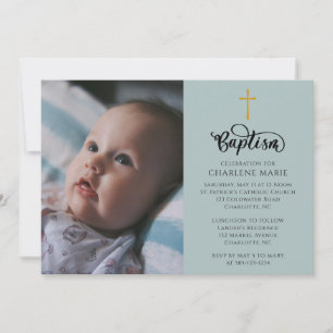 Elegant Baby Baptism Invite with Photo and Cross