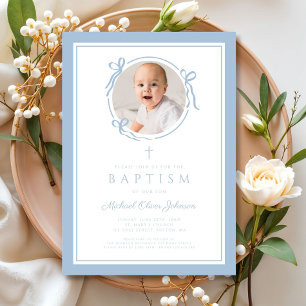 Elegant Baby Blue Bow Boy Photo Baptism Invitation