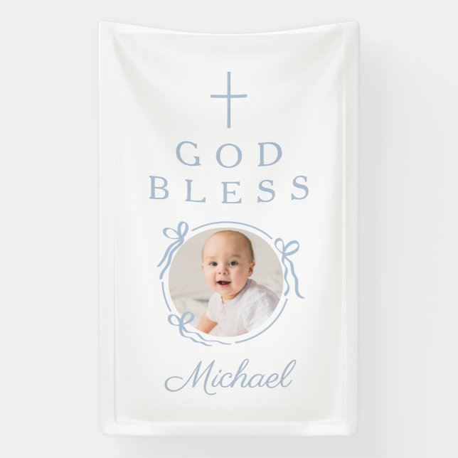 Elegant Baby Blue Boy God Bless Photo Banner (Vertical)