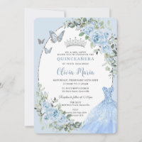Elegant Baby Blue Floral Dress Silver Quinceañera