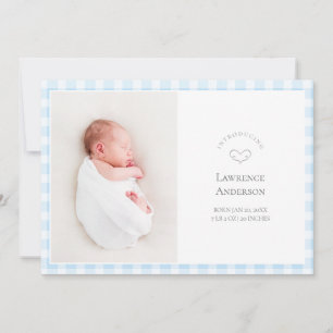 Elegant Baby Blue Gingham 2 Photo Baby Boy Birth Announcement