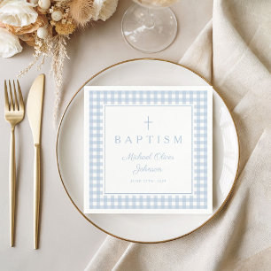 Elegant Baby Blue Gingham Boy Baptism Napkin