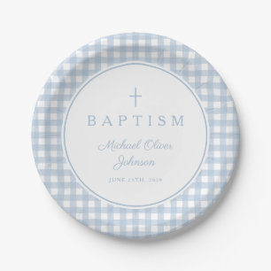 Elegant Baby Blue Gingham Boy Baptism Paper Plate