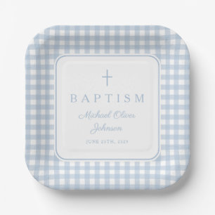 Elegant Baby Blue Gingham Boy Baptism Paper Plate