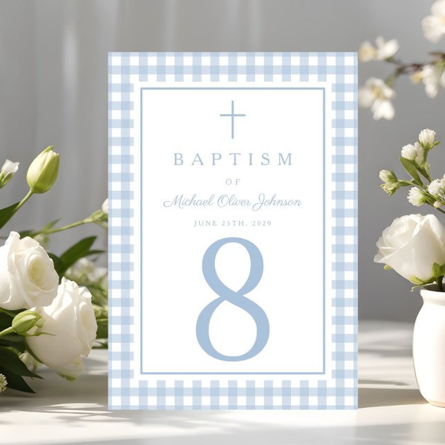 Elegant Baby Blue Gingham Boy Baptism Table Number (Elegant Baby Blue Gingham Boy Baptism Table Number)