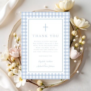 Elegant Baby Blue Gingham Boy Baptism Thank You Card