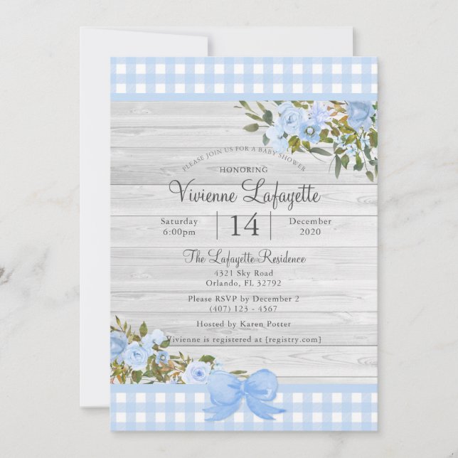 Elegant Baby Blue Gingham Floral Baby Shower Invitation (Front)