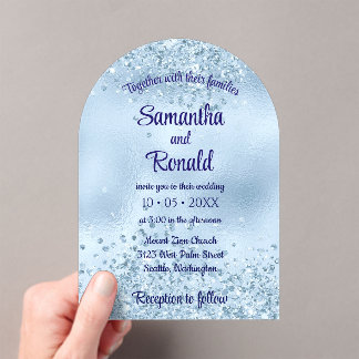 Elegant Baby Blue Glitter and Foil Wedding Acrylic Invitations