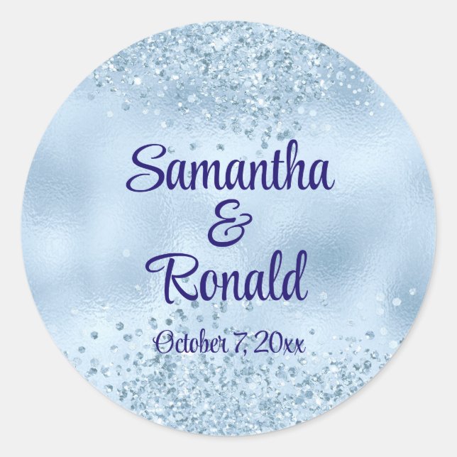 Elegant Baby Blue Glitter and Foil Wedding Classic Round Sticker (Front)