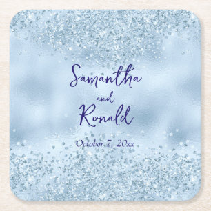 Elegant Baby Blue Glitter and Foil Wedding Square Paper Coaster