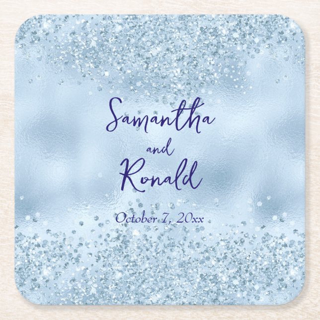 Elegant Baby Blue Glitter and Foil Wedding  Square Paper Coaster (Front)
