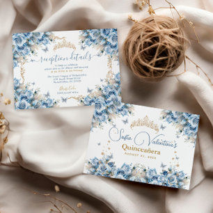 Elegant Baby Blue Gold Quinceañera Princess Bow Enclosure Card