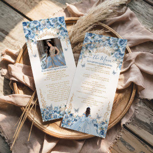 Elegant Baby Blue Gold Quinceañera Princess Bow Menu