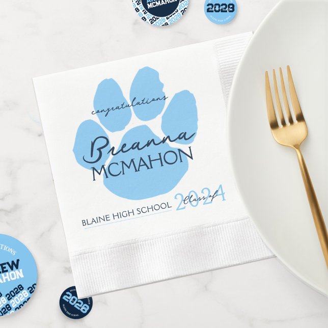 Elegant Baby Blue & Navy Graduation Pawprint Paper Napkin (Elegant Baby Blue and Navy Pawprint Graduation Paper Napkins)