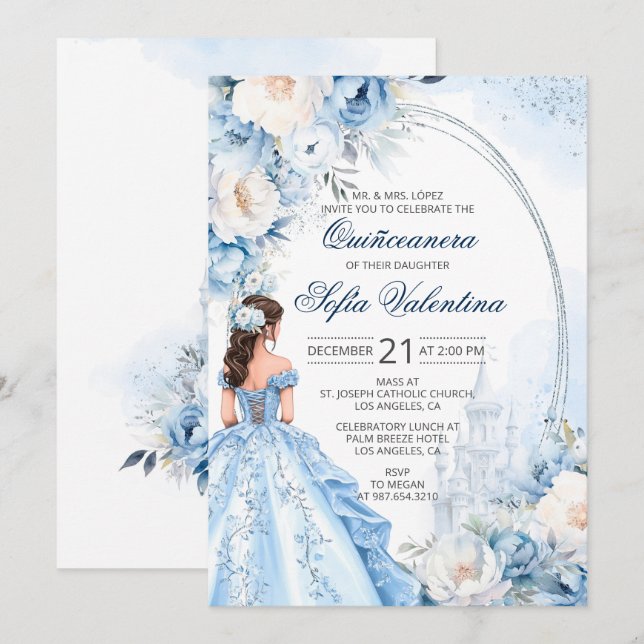 Elegant Baby Blue Quinceañera Invitation (Front/Back)